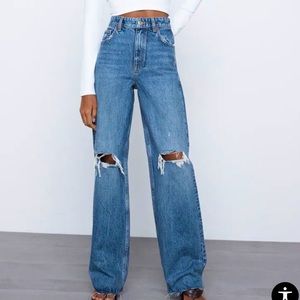 Wide leg full length ripped jeans